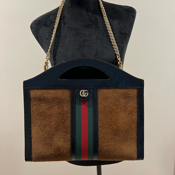 💯 Authentic Gucci Ophidia Brown Suede Cut Out Top Handle Shoulder Bag - Picture 2 of 12